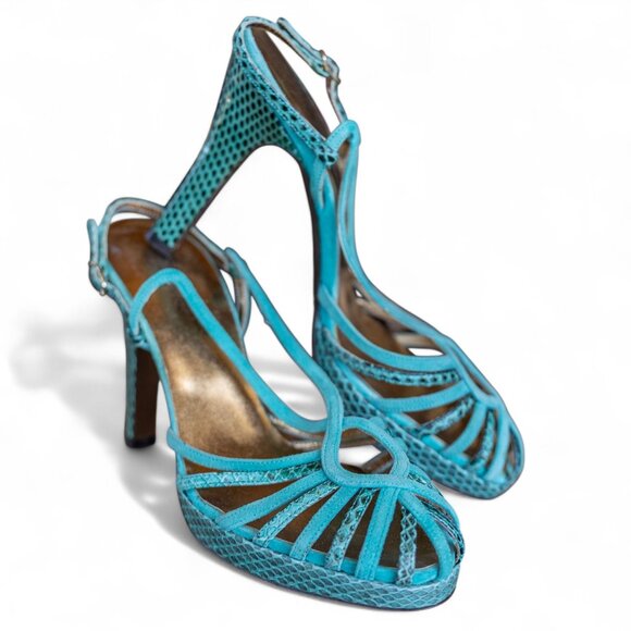 Dolce & Gabbana Turquoise Snake Strappy Heels – Italian Luxury, Size 38.5 - Picture 1 of 14